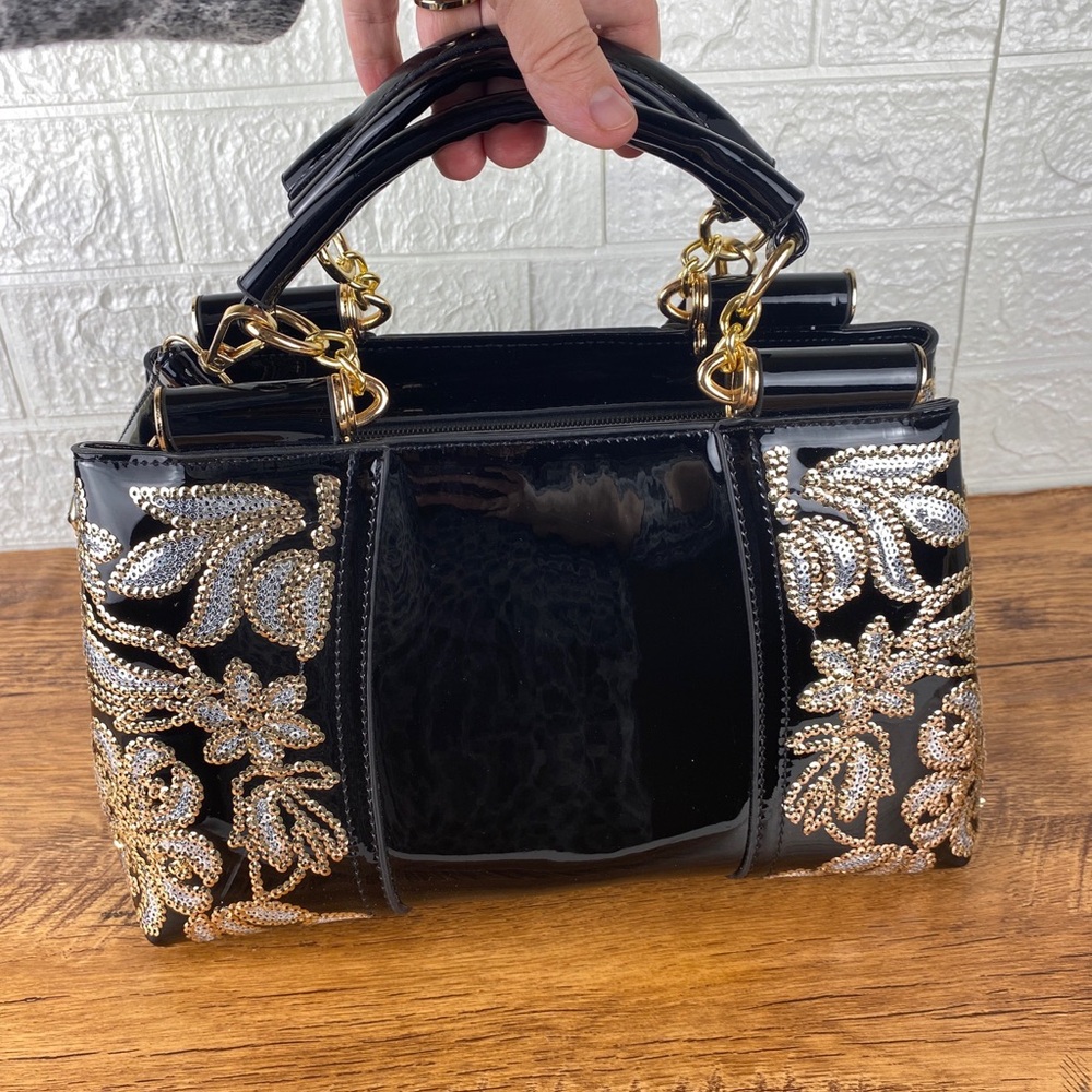 Nevenka Handbag Patent Leather Black Gold Top Handle Purse Crossbody